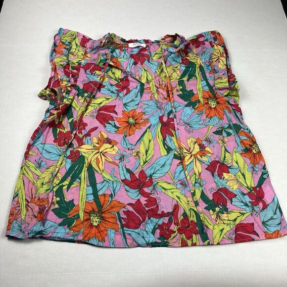 Avara Blouse Large Boho Floral Print Ruffle Sleeve Tropical Resort Casual Top - Picture 2 of 11